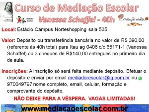 Curso de Mediação Escolar 40h Vanessa Schaffel - Valor e inscrição